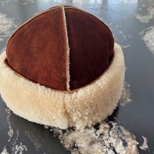Genuine Suede & Shearling Beanie Hat Brown/Cream | 22” | Cozy Winter Hat